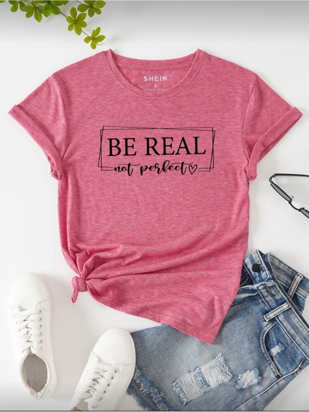 SHEIN Pink 'Be Real Not Perfect' Graphic Tee